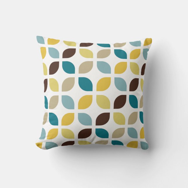 Retro Mod Trellis Teal Blue Brown Mustard Yellow Throw Pillow (Front)