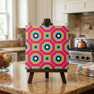 Retro Mod Vibrant Pink Blue Geometric Pattern Ceramic Tile