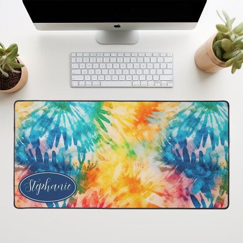 Retro Modern Abstract Rainbow Watercolor Tie Dye Desk Mat