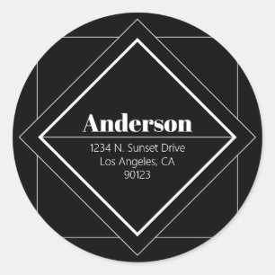 Retro-Modern Art Deco Black & White Address Classic Round Sticker