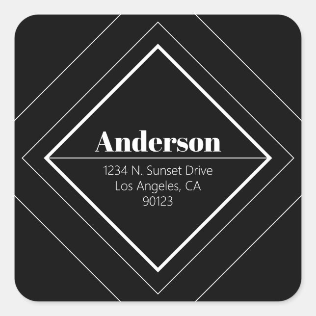 Retro-Modern Art Deco | Black & White Address  Square Sticker (Front)