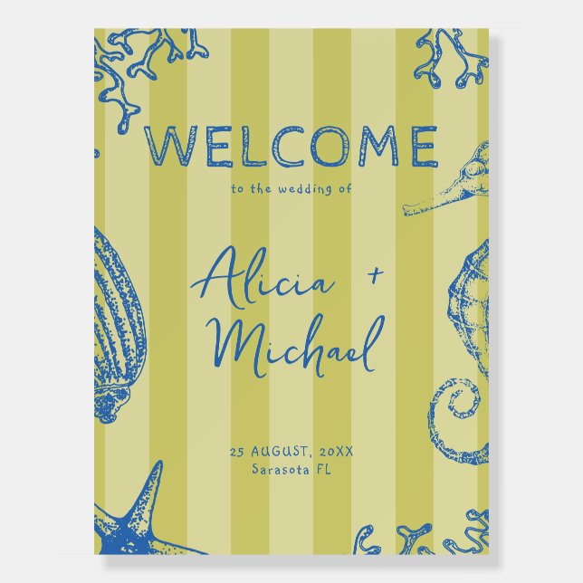 Retro modern beach striped wedding welcome sign (Front)
