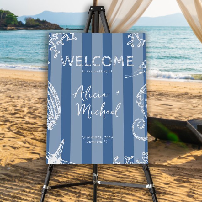 Retro modern beach striped wedding welcome sign (Creator Uploaded)