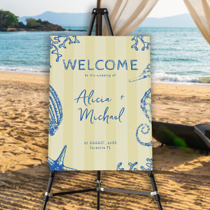Retro modern beach striped wedding welcome sign