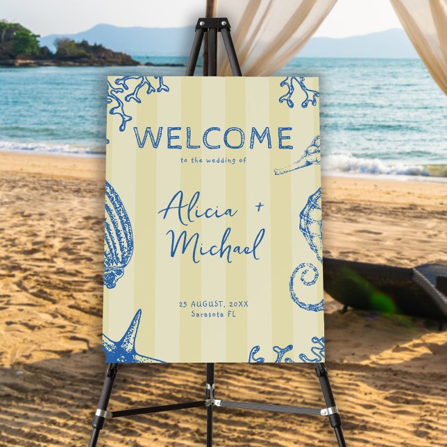 Retro modern beach striped wedding welcome sign (Creator Uploaded)