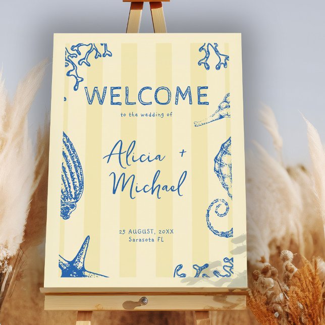 Retro modern beach striped wedding welcome sign (Creator Uploaded)