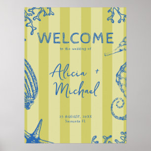 Retro modern beach striped wedding welcome sign