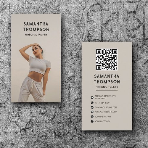 Retro Modern Beige Personal Trainer Fitness Photo  Business Card