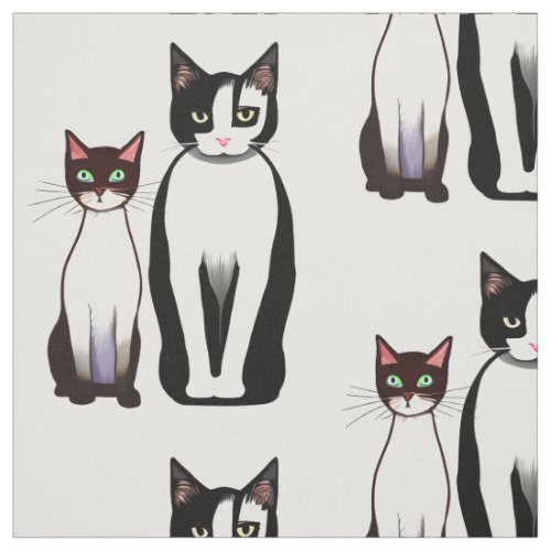 Retro Modern Black and White Cat and Kitten Fabric