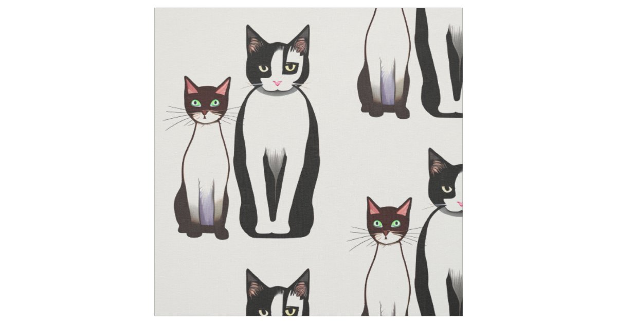 Retro Modern Black and White Cat and Kitten Fabric | Zazzle
