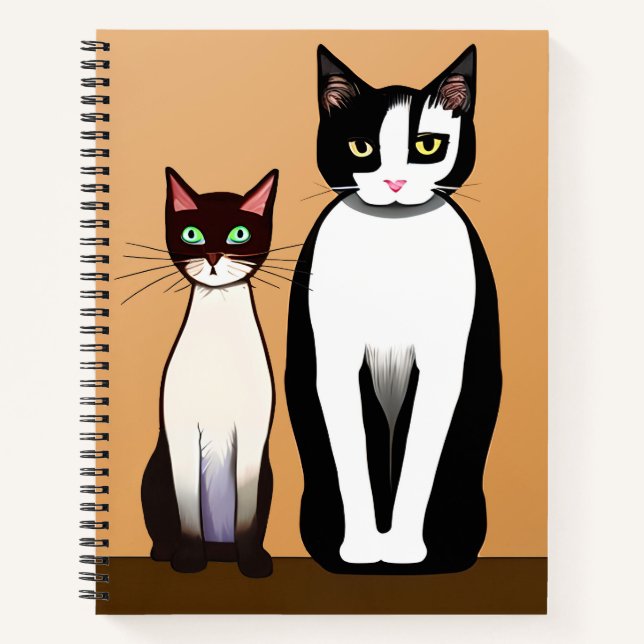Retro Modern Black and White Cat and Kitten Notebook (Front)