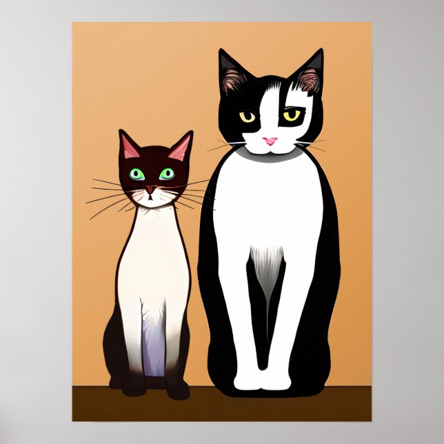 Retro Modern Black and White Cat and Kitten Poster (Front)