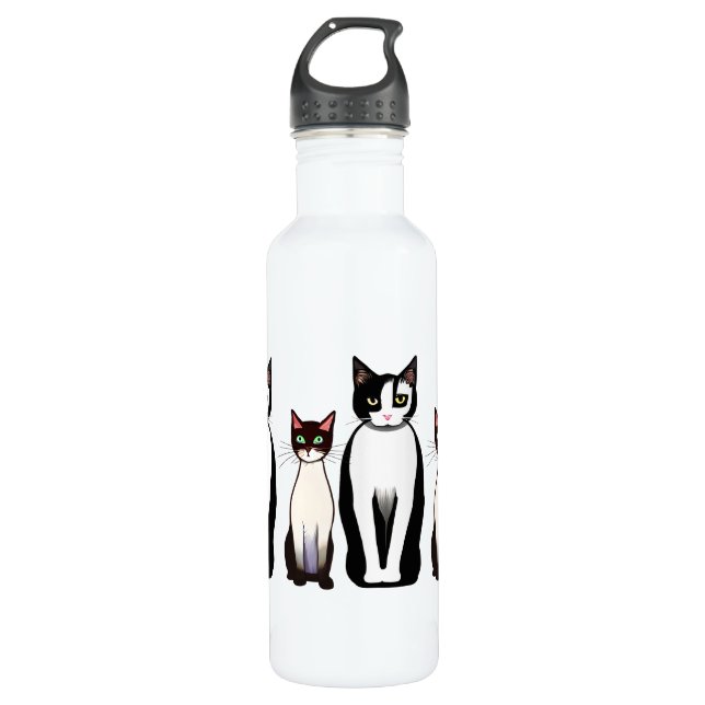 Retro Modern Black and White Cat and Kitten Stainless Steel Water Bottle (Front)