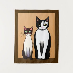 Retro Modern Black and White Cat and Kitten Tapestry