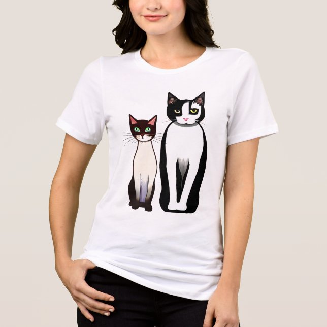 Retro Modern Black and White Cat and Kitten Tri-Blend Shirt (Front)