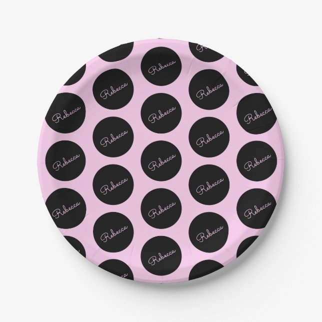 Retro-modern Black & Pink Polka Dot Design Paper Plates (Front)