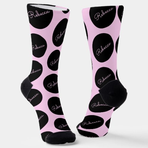 Retro_modern Black  Pink Polka Dot Design Socks