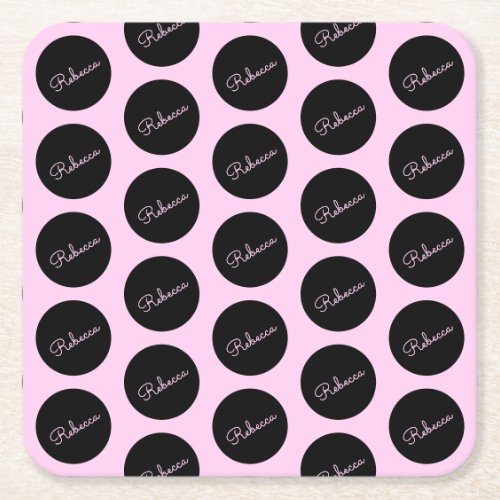 Retro_modern Black  Pink Polka Dot Design Square Paper Coaster