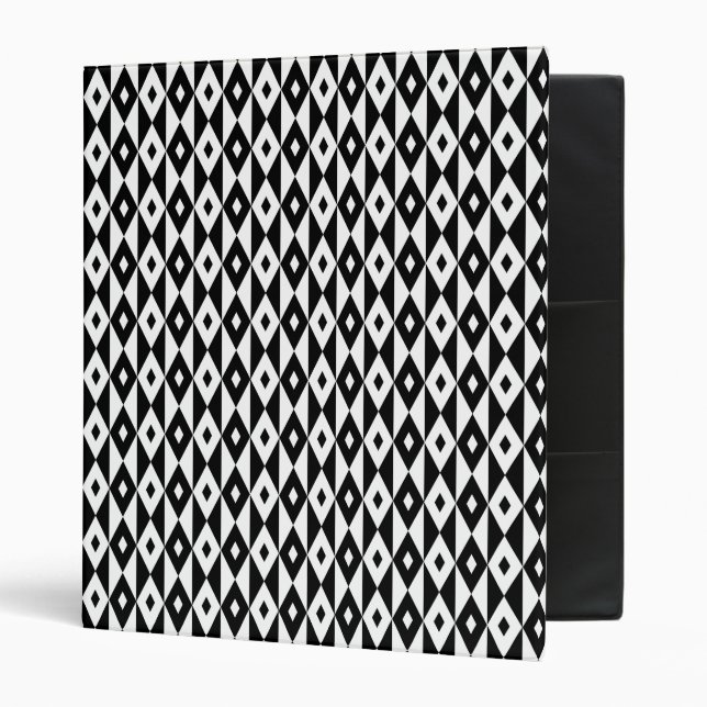 Retro Modern Black White Diamond Shape Pattern 3 Ring Binder (Front/Inside)