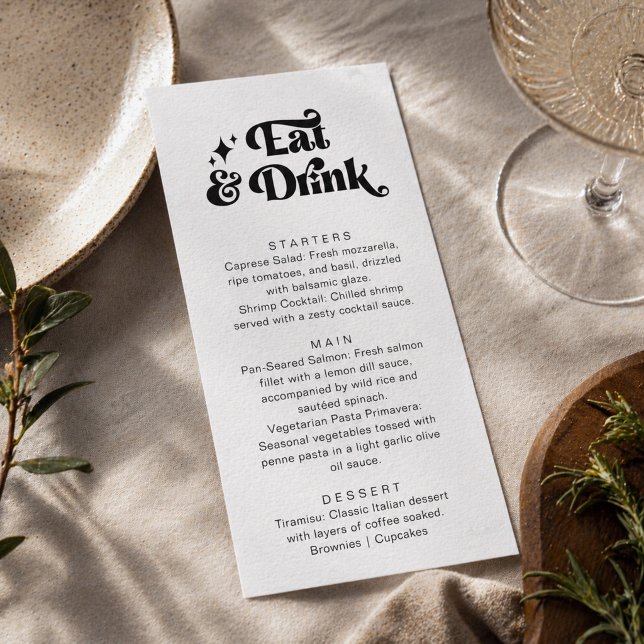 Retro Modern Black White Eat and Drink Wedding Menu (Creator Uploaded)