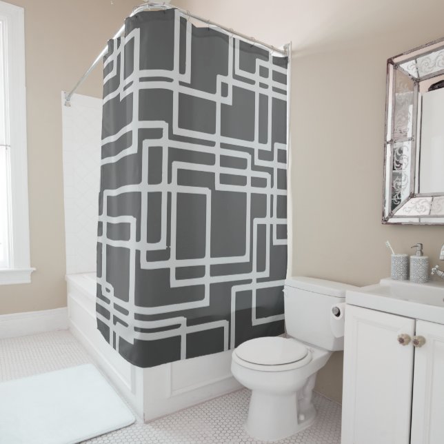 Retro Modern Blanched Slate Squares On Storm Grey Shower Curtain (In Situ)