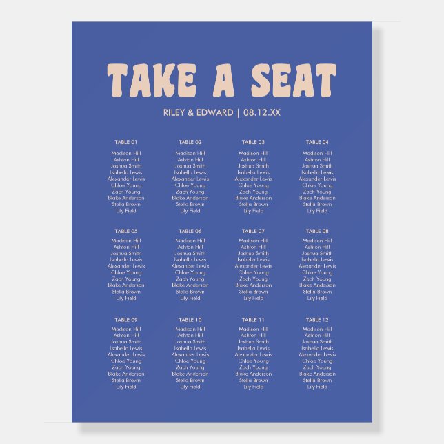 Retro Modern Blue 12 Table Wedding Seating Chart Foam Board (Front)