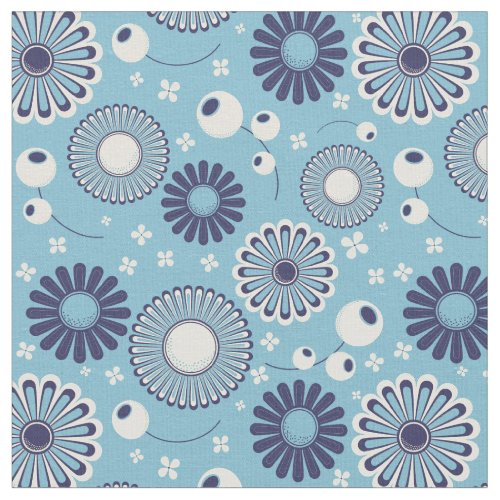 Retro Modern Blue and Cream Flowers Patterned Fabric