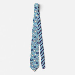 Retro Modern Blue and Cream Flowers Patterned Neck Tie