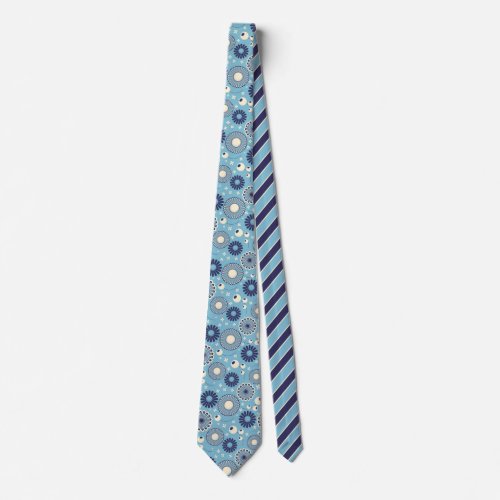 Retro Modern Blue and Cream Flowers Patterned Neck Tie