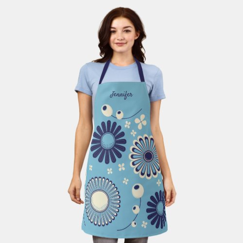 Retro Modern Blue and Cream Flowers Personalized Apron