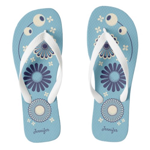Retro Modern Blue and Cream Flowers Personalized Flip Flops