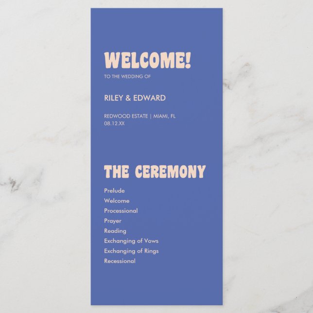 Retro Modern Blue & Beige Wedding Ceremony Program (Front)