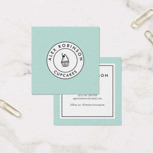 Retro modern blue cupcakes square business card (Office)