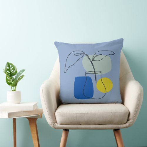 Retro Modern Blue  Yellow Boho flower vase  Throw Pillow