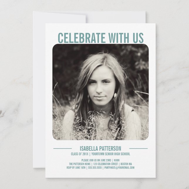 Retro Modern Bold Graduation Party Photo | Teal Invitation (Front)