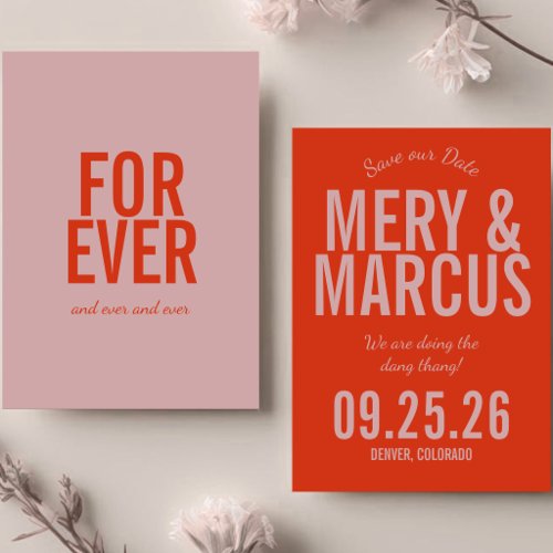 Retro Modern Bold Red & Pink Script Wedding  Save The Date