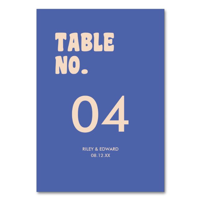 Retro Modern Bold Typography Dark Blue Wedding Table Number (Front)