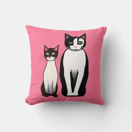 Retro Modern Cat and Kitten on Fuchsia Pink  Throw Pillow
