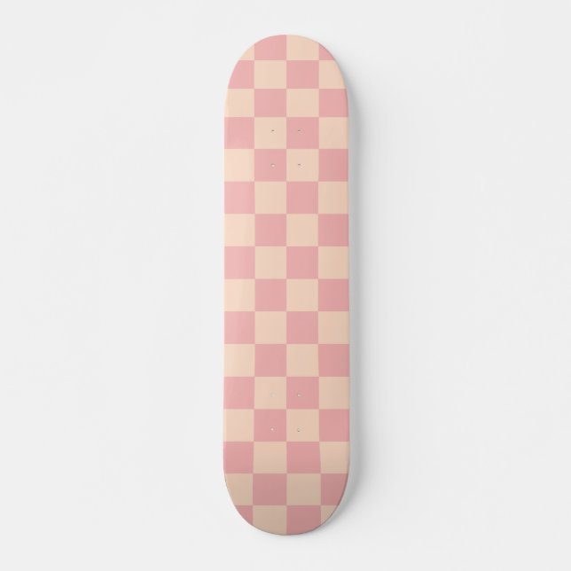 Retro Modern Checked Pattern Pink Cream Skateboard (Front)