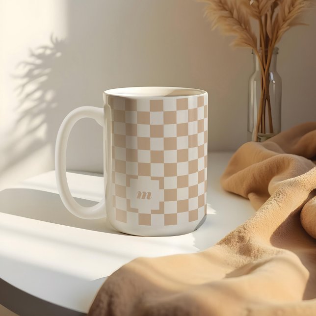 Retro Modern Chequered Pattern Custom Monogram Coffee Mug (Retro Tan Beige Chequered Pattern Custom Monogram Coffee Mug)