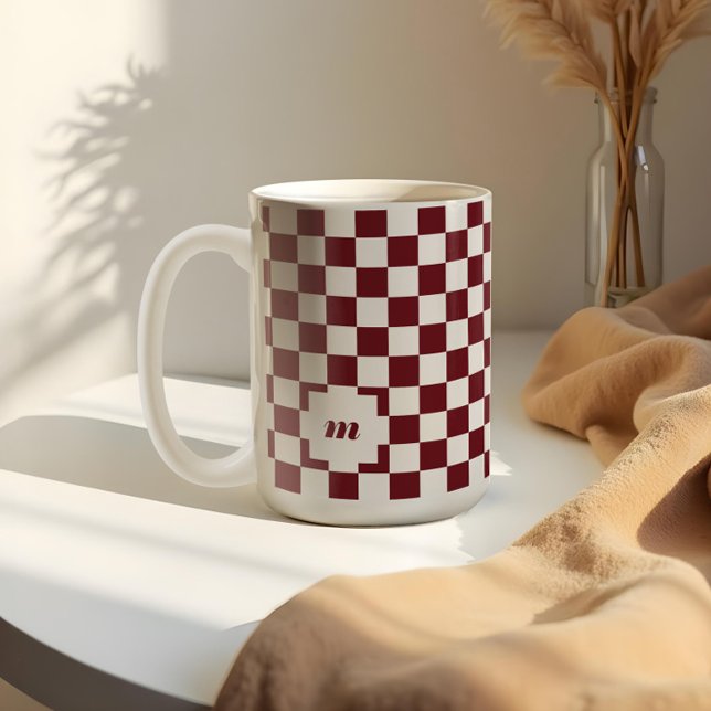 Retro Modern Chequered Pattern Custom Monogram Coffee Mug (Retro Modern Chequered Pattern Custom Monogram Coffee Mug)