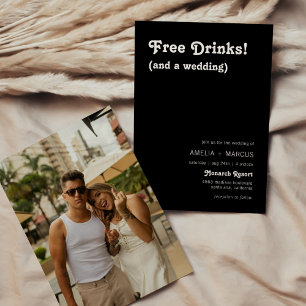 Retro Modern Chic Free Drinks Black Wedding Invitation