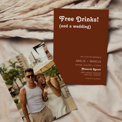 Retro Modern Chic Free Drinks Terracotta Wedding Invitation