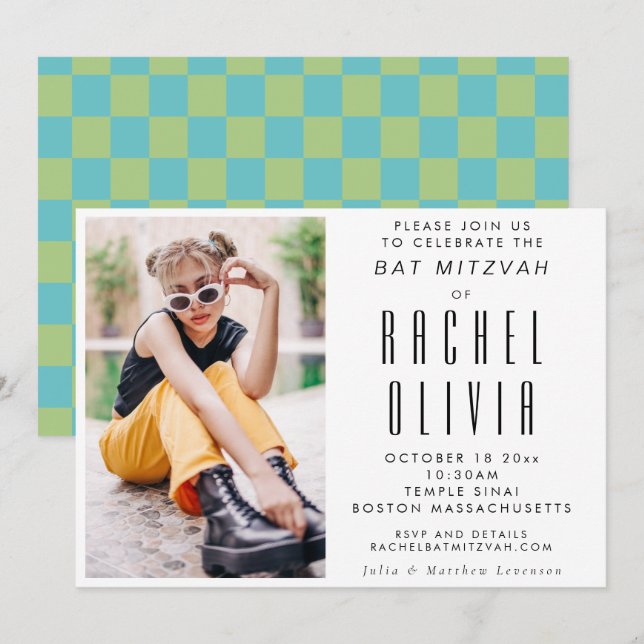 Retro Modern Chic Photo Blue and Green Bat Mitzvah Invitation (Front/Back)