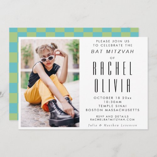 Retro Modern Chic Photo Blue and Green Bat Mitzvah Invitation