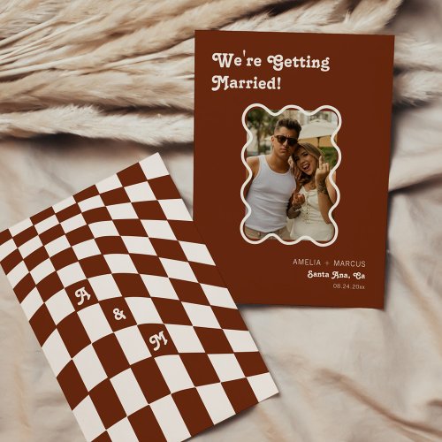 Retro Modern Chic Terracotta Checker Save the Date Invitation