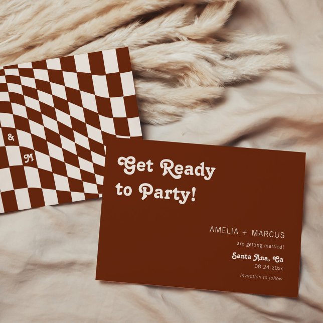 Retro Modern Chic Terracotta Checker Save the Date Invitation (Creator Uploaded)