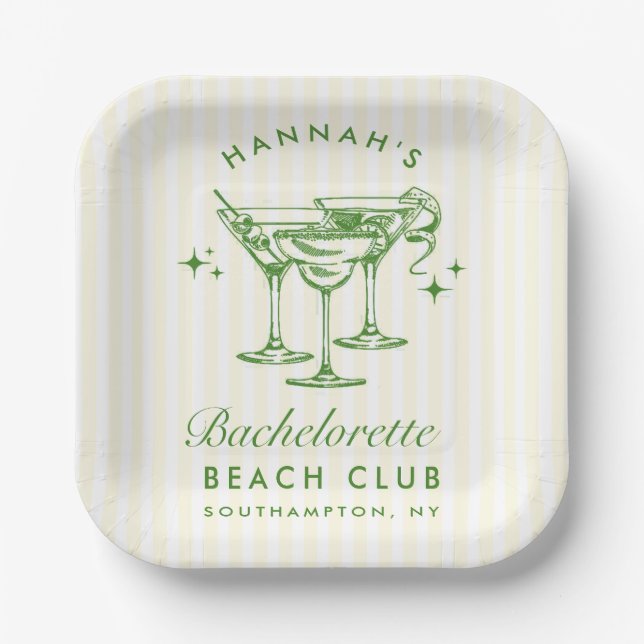 Retro Modern Cocktail Bachelorette Green Paper Plates (Front)