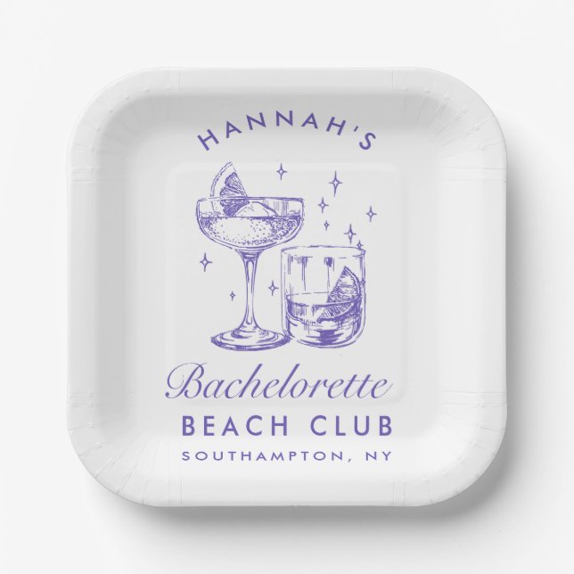 Retro Modern Cocktail Bachelorette Purple Paper Plates (Front)