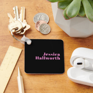 Retro-modern Editable Text   Black & Pink Keychain